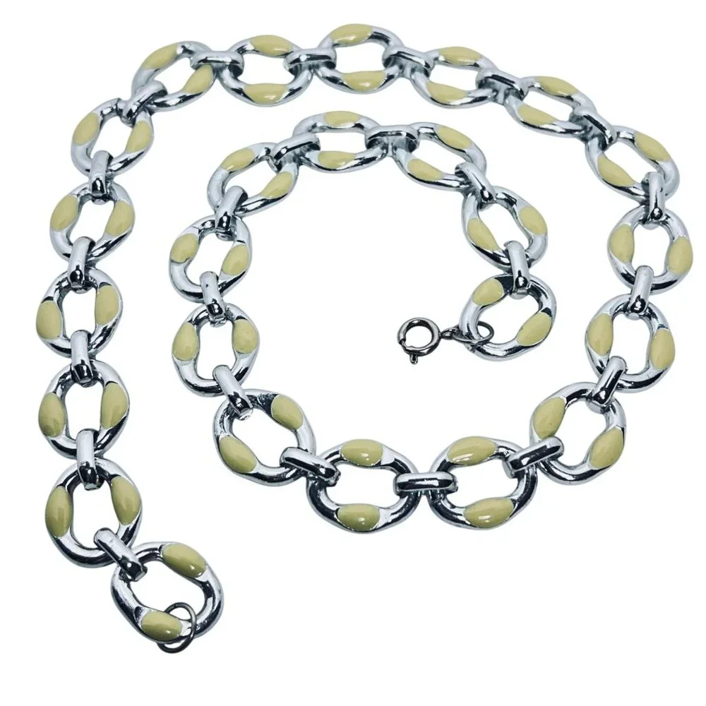 Vintage Silver Tone & Cream Enamel Chain Necklace & Bracelet Set (5664) - Picture 7 of 12
